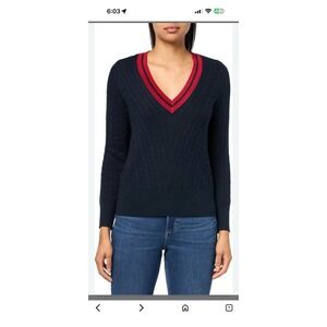 Tommy Hilfiger Womens Varsity Stripe V-Neck Cable Knit Sweater Navy Red Sz L NWT